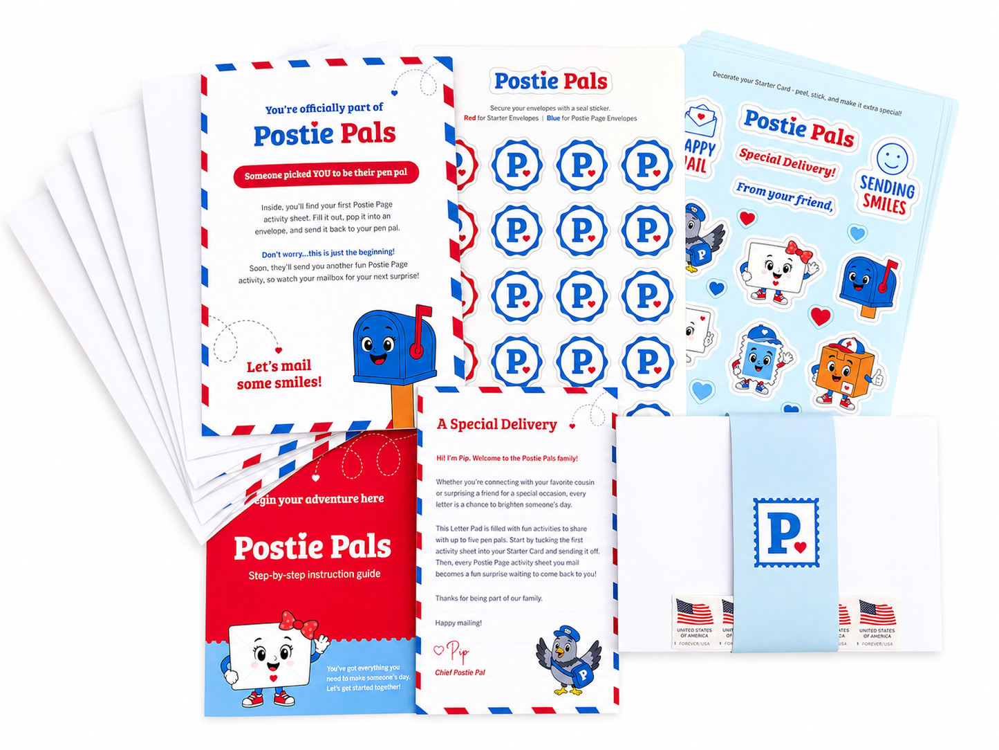 A coordinated Postie Pals pen pal kit arranged on a white background. The design uses red, white, and blue with cartoon characters.